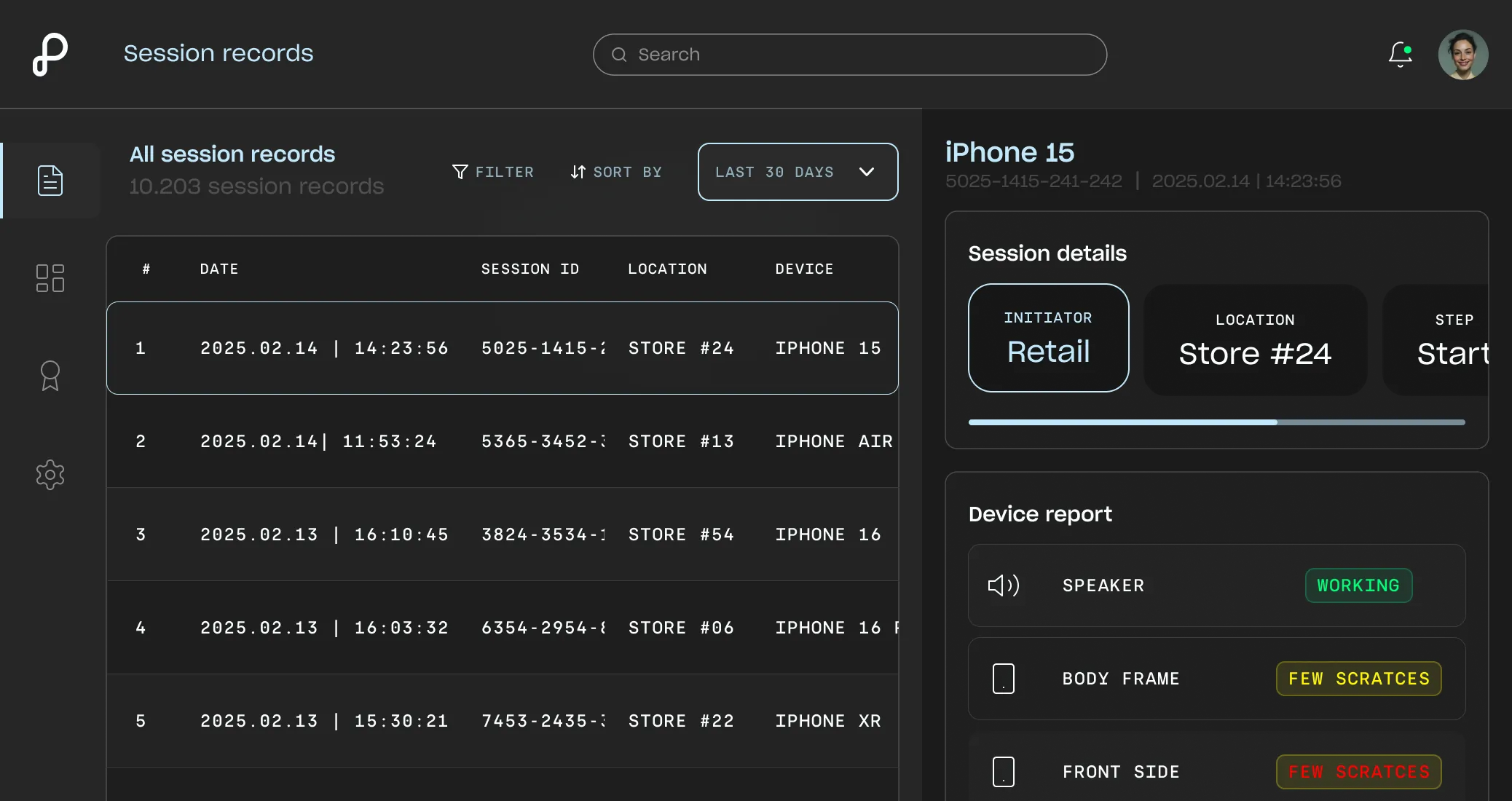 Session records dashboard